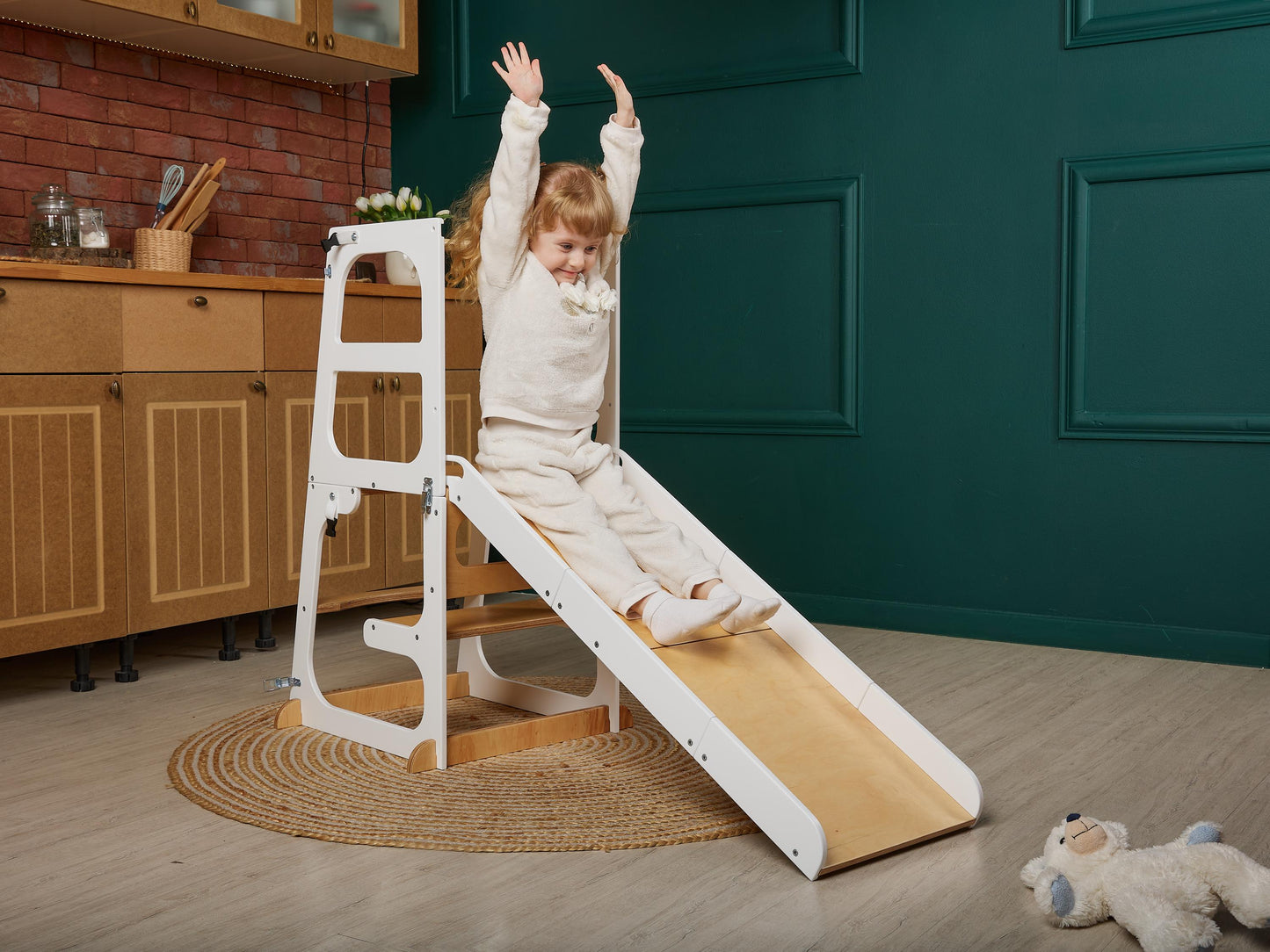 Toddler Tower Table with Slide and Chalkboard, convertible kitchen tower, montessori helper stool, kids learning stool, help tower