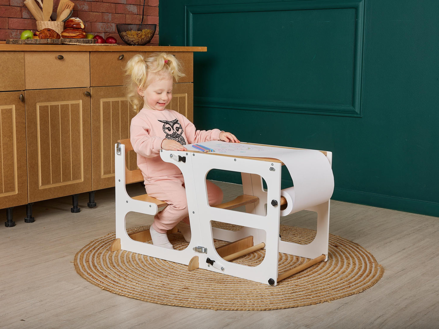 Toddler Tower Table with Slide and Chalkboard, convertible kitchen tower, montessori helper stool, kids learning stool, help tower