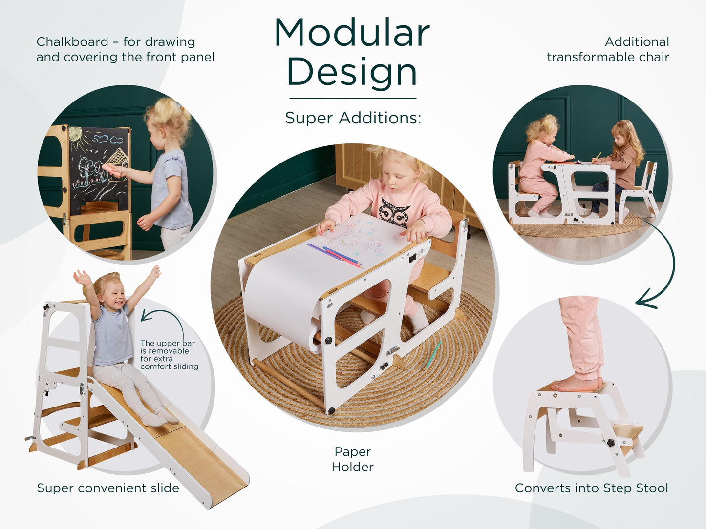 Toddler Tower Table with Slide and Chalkboard, convertible kitchen tower, montessori helper stool, kids learning stool, help tower