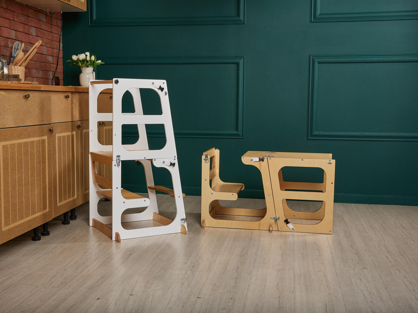 8in1 Convertible Toddler Tower with Chalkboard, Safety Net, Paper Roll, Slide, kitchen tower table, learning help tower, montessori stool