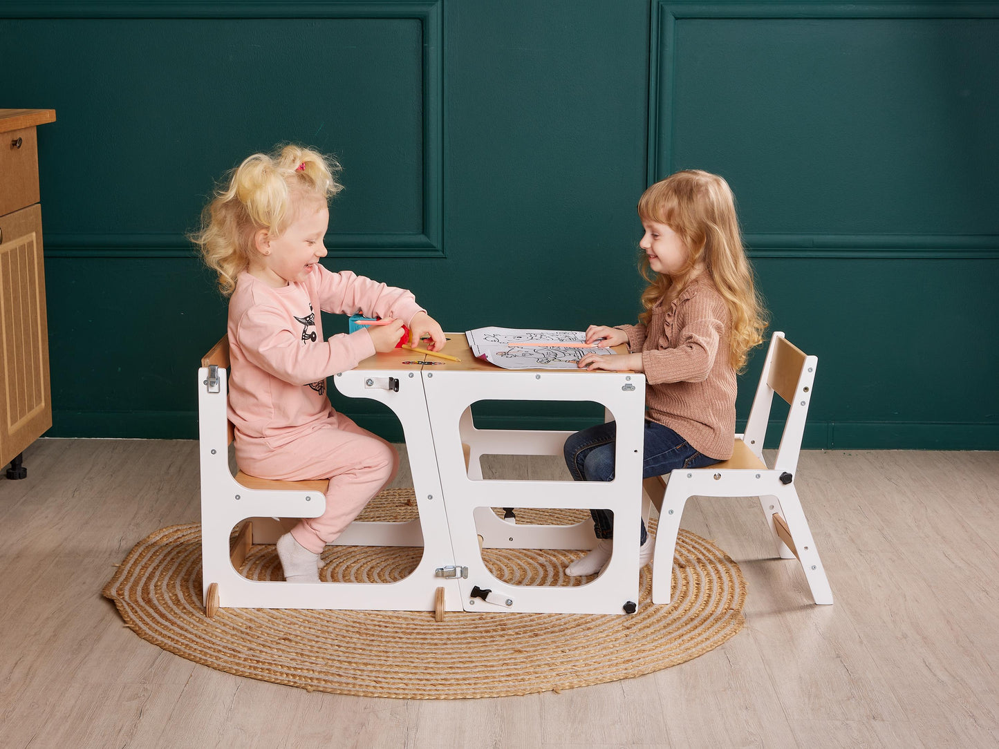 Toddler Tower Table with Slide and Chalkboard, convertible kitchen tower, montessori helper stool, kids learning stool, help tower
