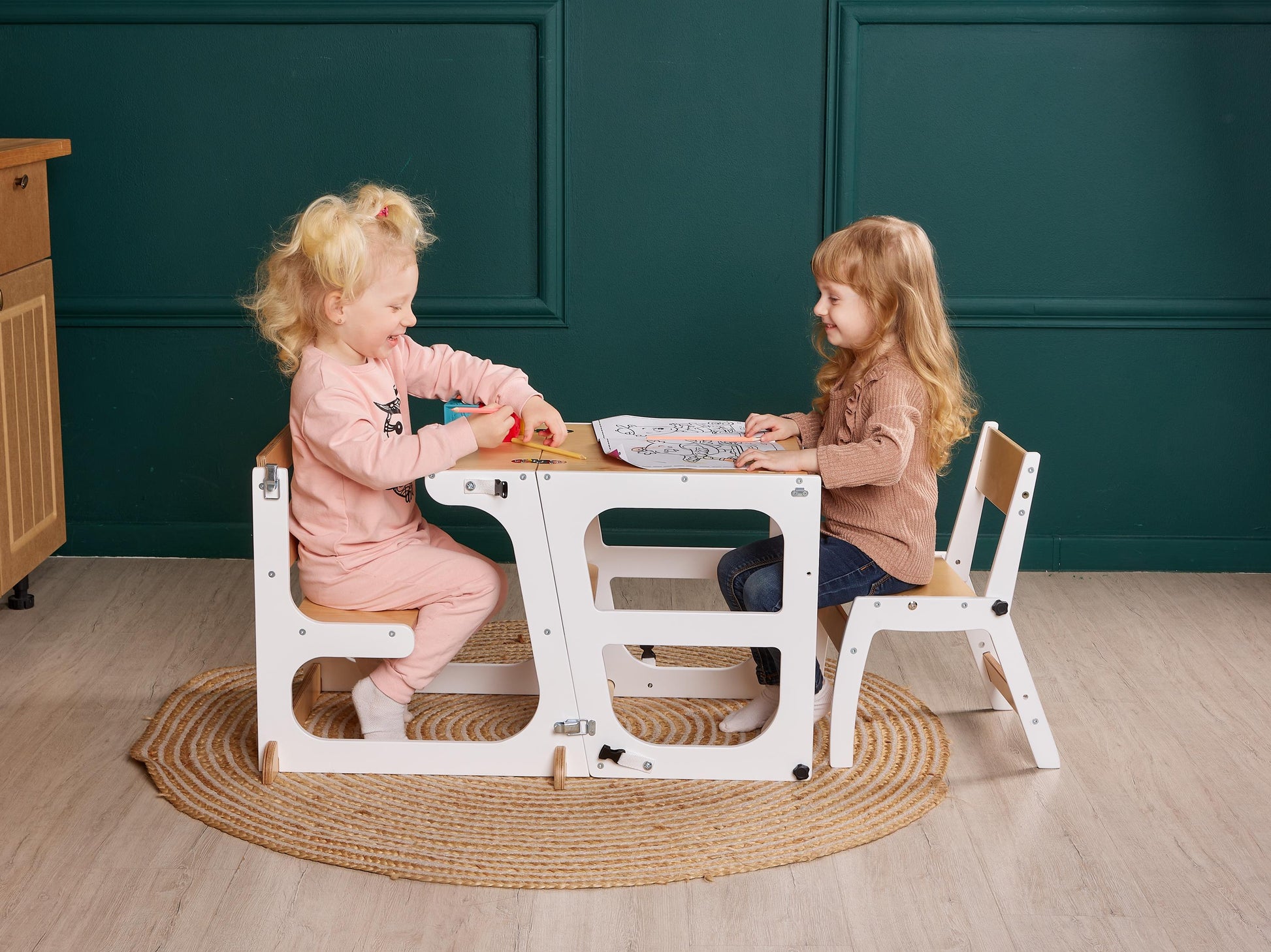 Toddler Tower Table with Slide and Chalkboard, convertible kitchen tower, montessori helper stool, kids learning stool, help tower