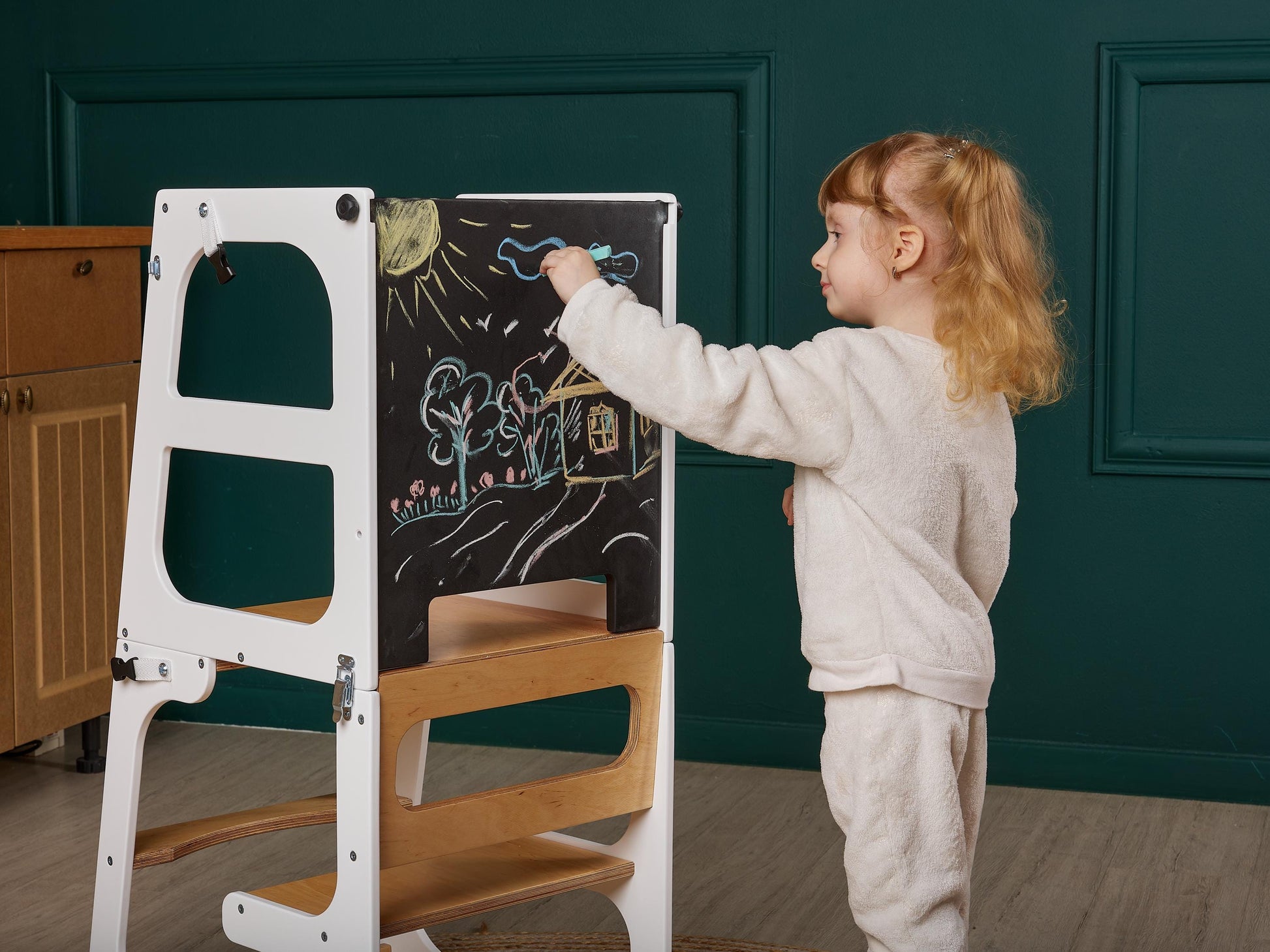 Toddler Tower Table with Slide and Chalkboard, convertible kitchen tower, montessori helper stool, kids learning stool, help tower
