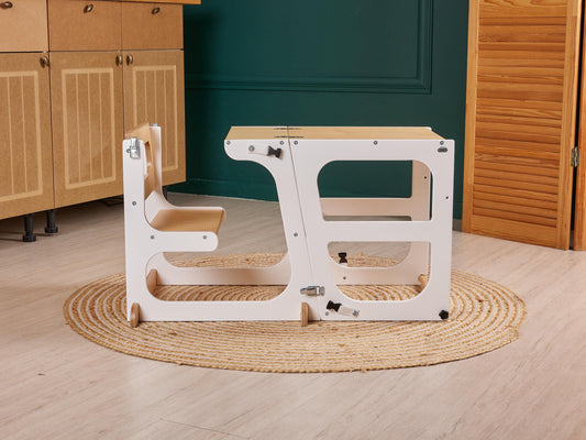 Toddler Tower Table with Slide and Chalkboard, convertible kitchen tower, montessori helper stool, kids learning stool, help tower