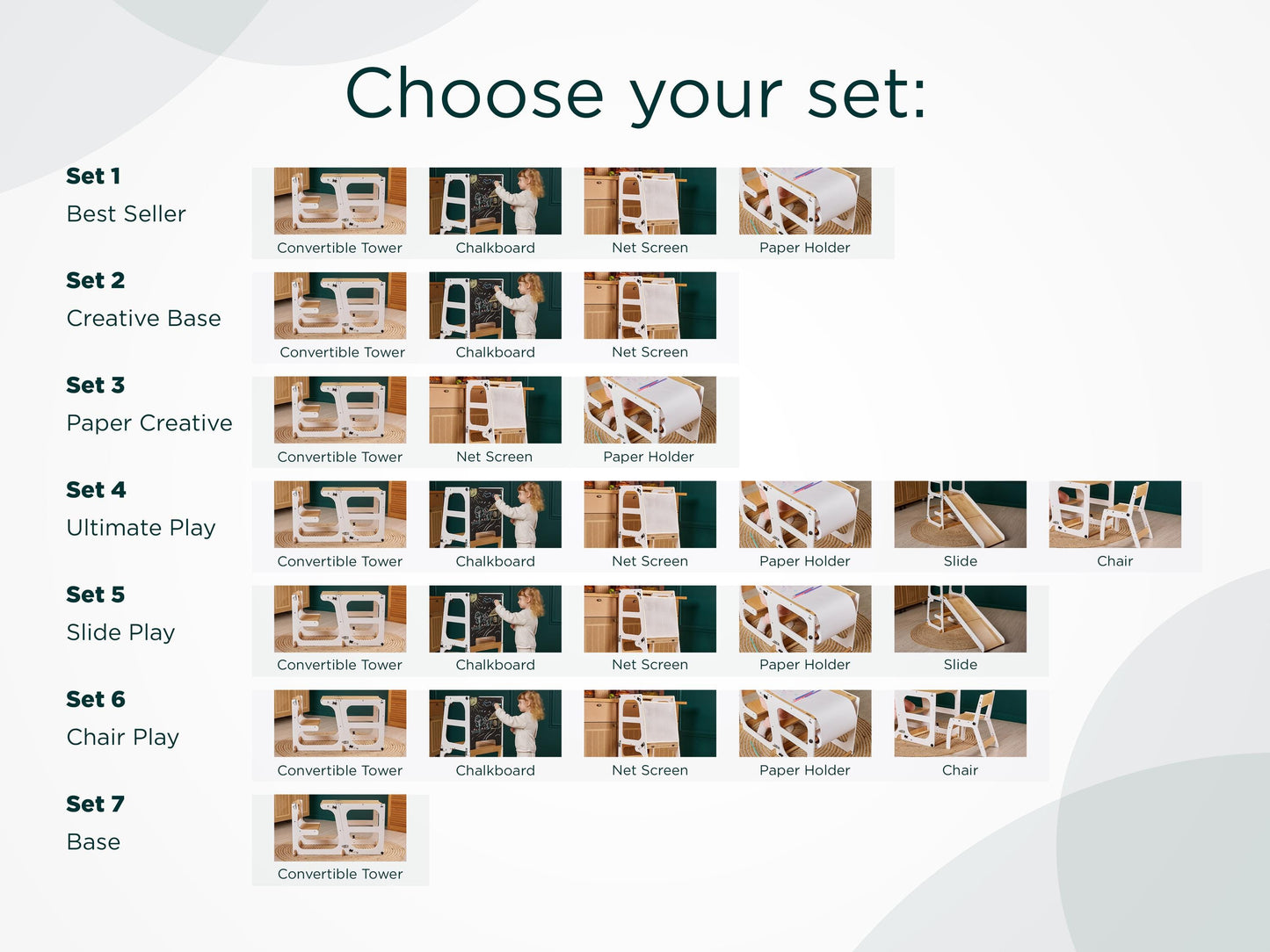 8in1 Convertible Toddler Tower with Chalkboard, Safety Net, Paper Roll, Slide, kitchen tower table, learning help tower, montessori stool