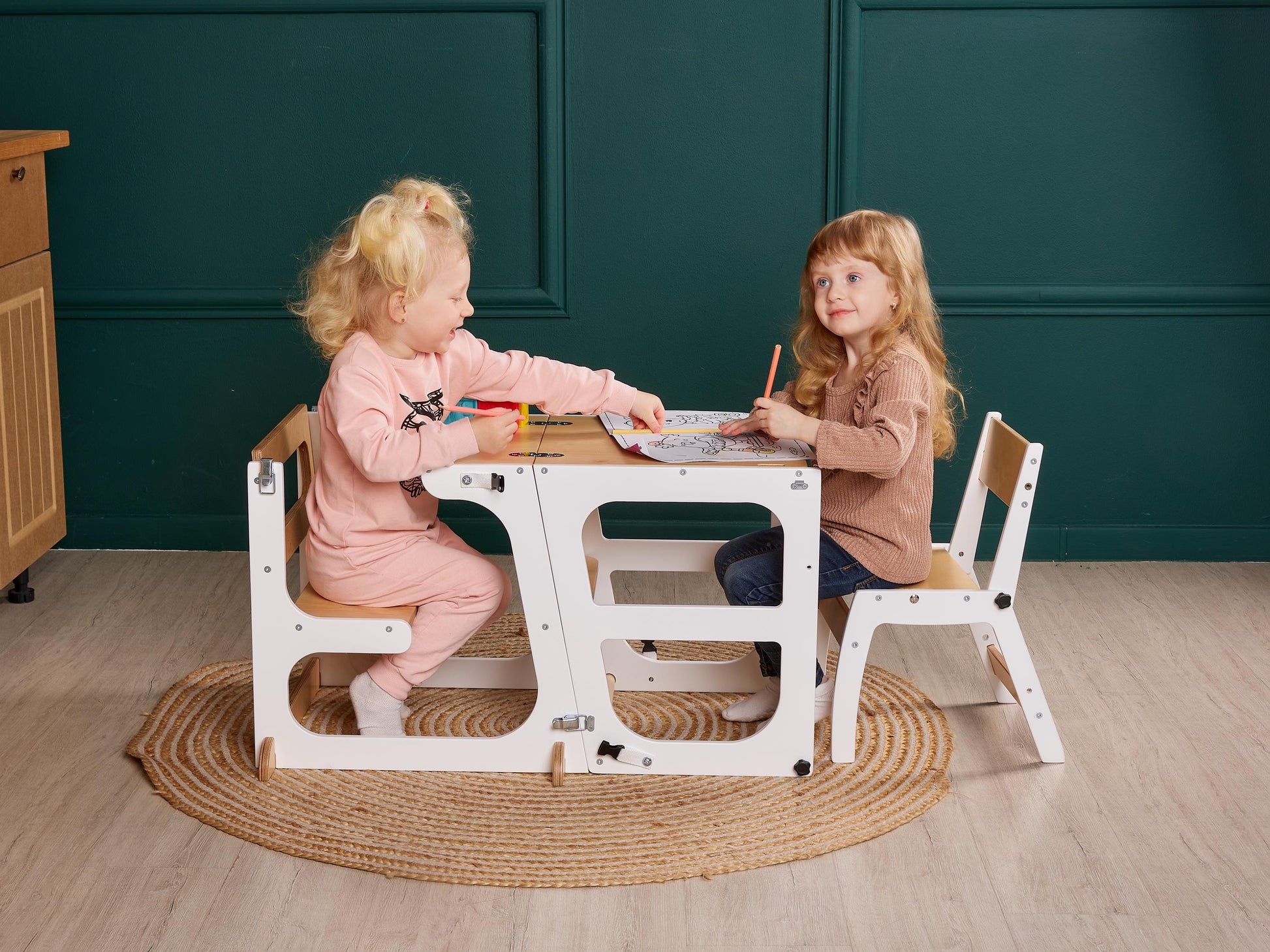 2 in 1 Toddler tower with Seatback, kitchen foldable tower, kids tower table, montessori tower, learning helper stool, kitchen help tower