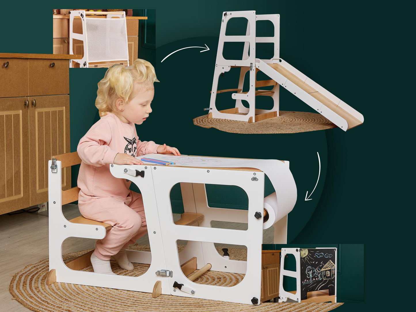 2 in 1 Toddler tower with Seatback, kitchen foldable tower, kids tower table, montessori tower, learning helper stool, kitchen help tower