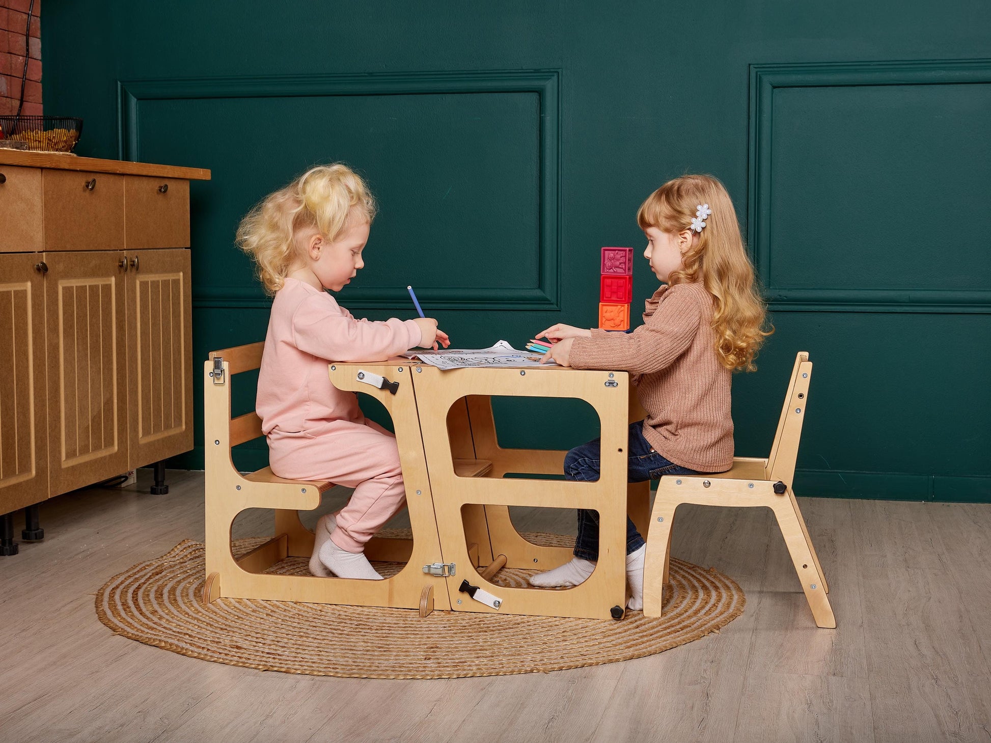 Toddler Tower - Table with Back, Kitchen Tower Foldable, Kitchen Stool Kids, Wood Tower Stool, Montessori Step Stool, learning helper stool