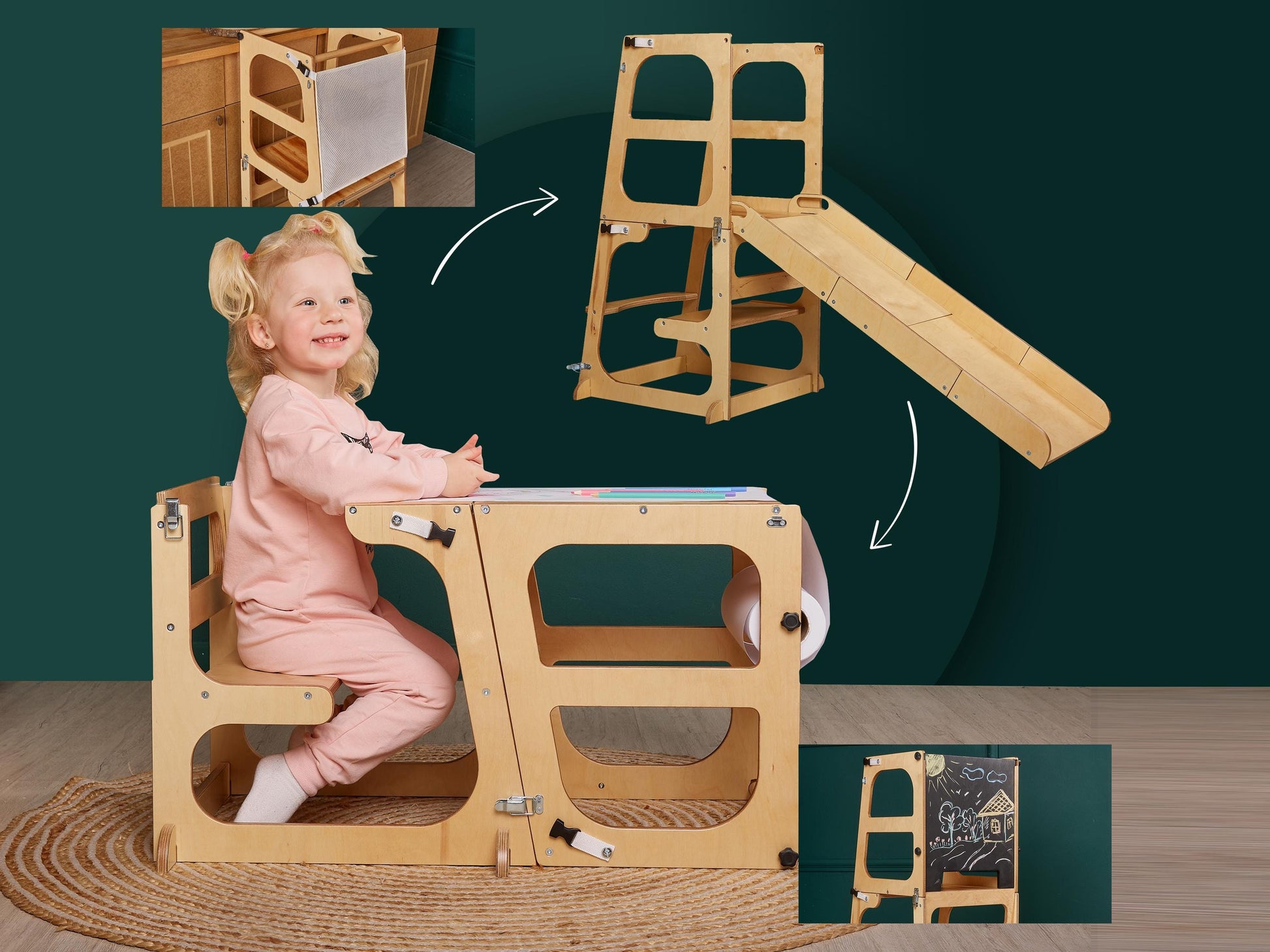 8in1 Kitchen tower Toddler Tower table with Seatback, convertible kitchen stool, kids help tower, Montessori Stool, educational tower slide