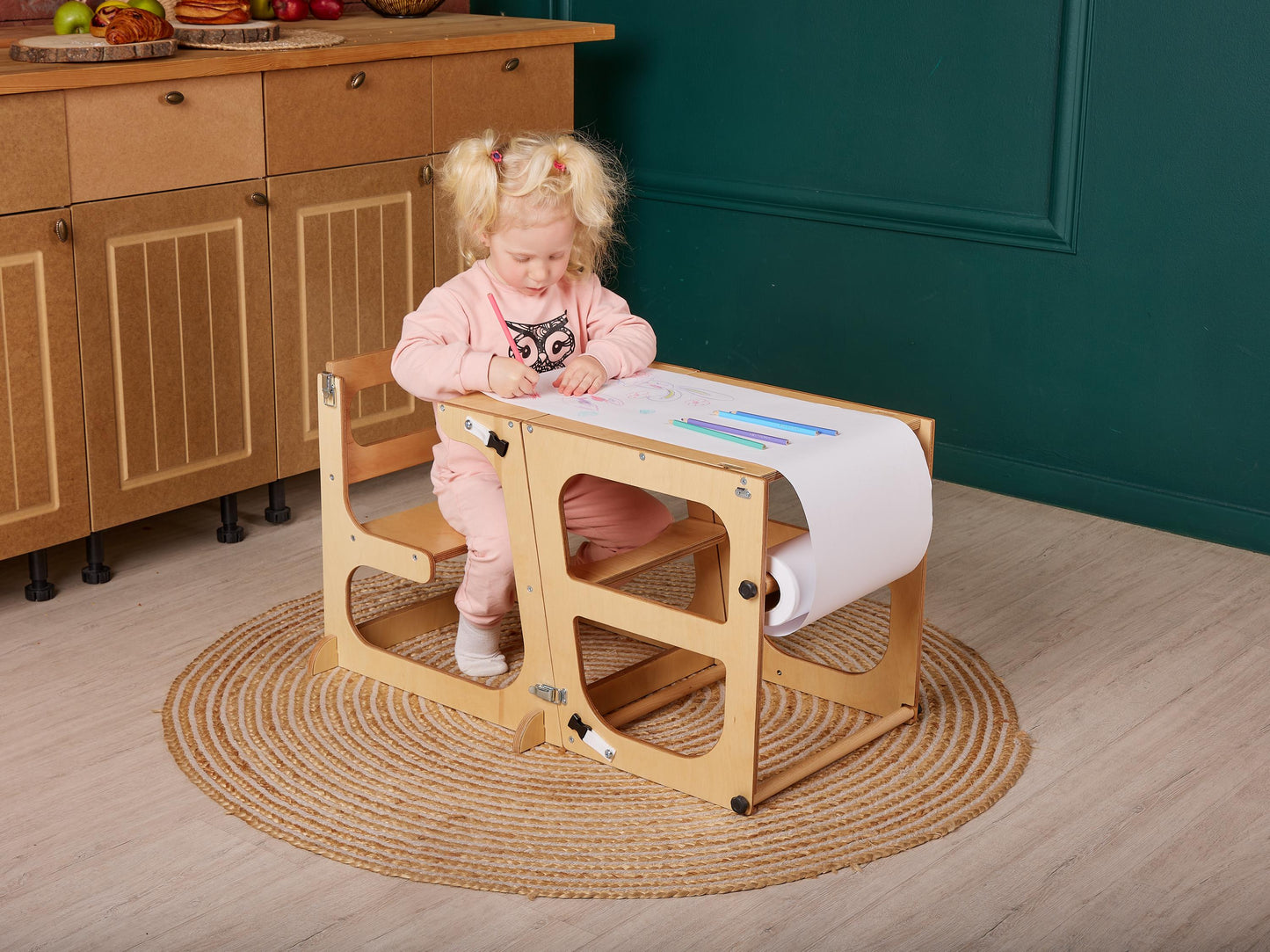 Montessori kitchen tower, Convertible toddler tower table, kitchen step stool, learning help stool, toddler step tower, helper kitchen stool