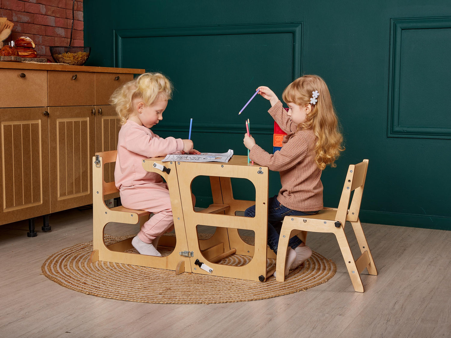 Montessori kitchen tower, Convertible toddler tower table, kitchen step stool, learning help stool, toddler step tower, helper kitchen stool