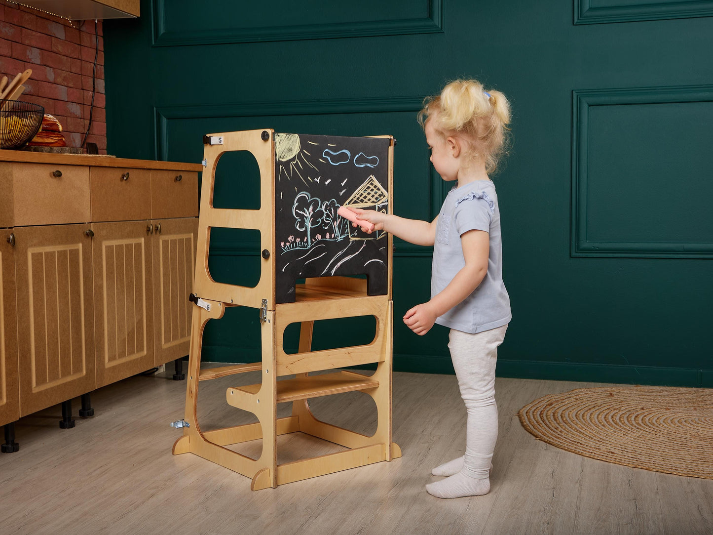 8in1 Convertible Toddler Tower with Chalkboard, Safety Net, Paper Roll, Slide, kitchen tower table, learning help tower, montessori stool